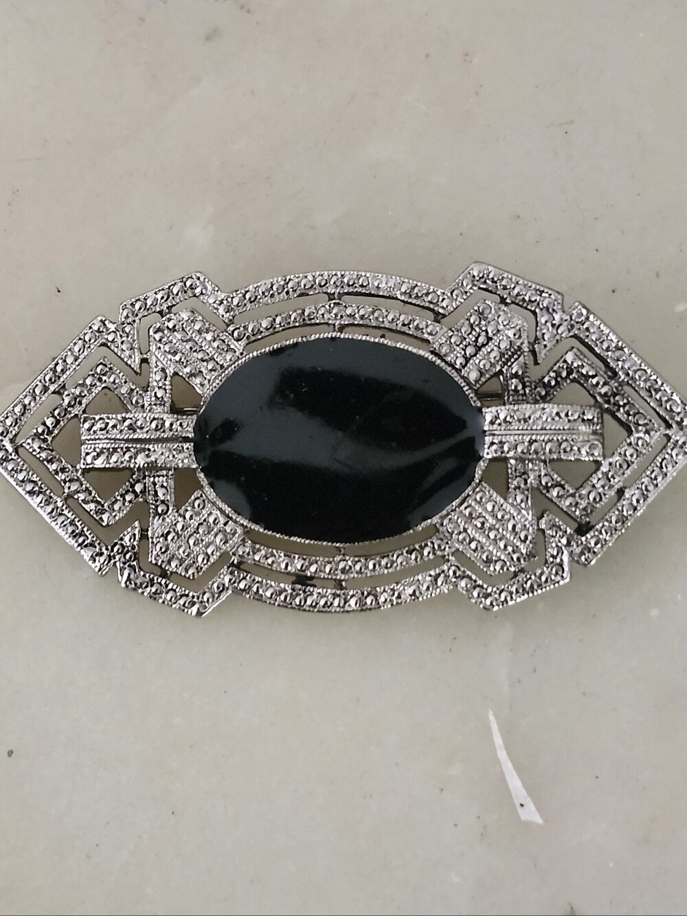 Vtg Art Deco Silver-Tone Brooch with Black Center Stone